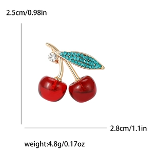Cute cherry brooch pin in gold metal with red resin fruits and green rhinestone leaves