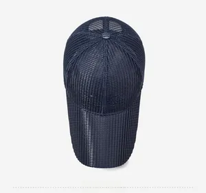 Top view of deep blue breathable mesh baseball cap with NSDE embroidery on front