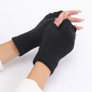 Close-up of black knitted fingerless gloves showing detailed fish scale texture on hands