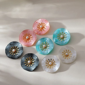 Stylish 2024 gold-plated flower stud earrings in pink, green, black, and white acetate