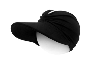 Detail of black breathable sun hat fabric with knit texture on a mannequin head