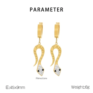 Detail view of 45x9mm gold snake earrings with sparkling rhinestone inlay details