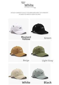 Detailed grid of distressed baseball caps in white, black, mustard, green, and beige