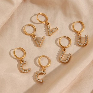 Detail of 18K gold plated hoop earrings with micro-pave zircon letters V, U, and C