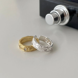 925 Sterling Silver Ring Irregular Moon Surface Hammered Texture Open Adjustable Fashion Zircon Inlaid Minimalist Jewelry