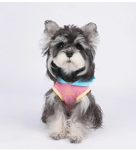 Detail of color-block hooded dog cooling vest with Chasing Clouds print for small pets