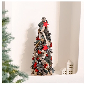 Close-up of a rustic wooden Christmas tree featuring natural pine cones and red berries