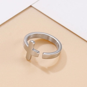 Vintage silver stainless steel open ring with cross design for men and women