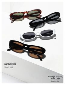 Detailed display of four retro narrow oval sunglasses in tortoise and solid colors