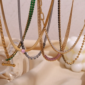 18K gold plated stainless steel necklaces and bracelets set with multicolor zircon stones