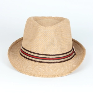Classic straw panama hat with elegant red and green striped ribbon for beach sun protection