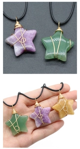 Detail of five-pointed star crystal pendants wrapped in golden wire on black cords