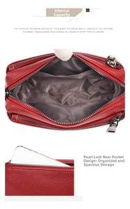 Detail of red pebbled leather bag with triple zip layers and back smartphone pocket