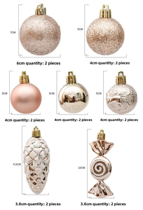 Detailed size specifications of champagne gold and rose gold Christmas ornament set