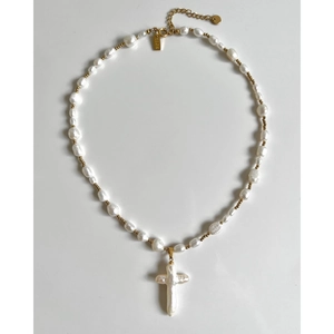 Baroque natural pearl necklace with golden S925 silver cross pendant on white background