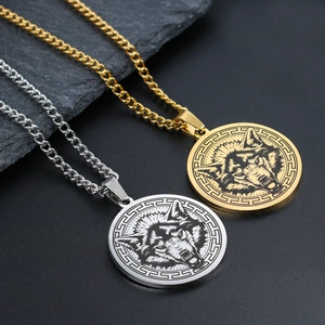 Punk style wolf head medallion necklaces in gold and silver finish with Cuban chains