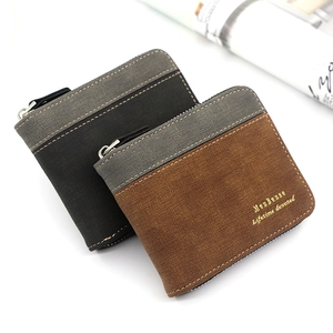Close-up of woven textured bi-fold men's wallets in brown and dark grey with gold lettering