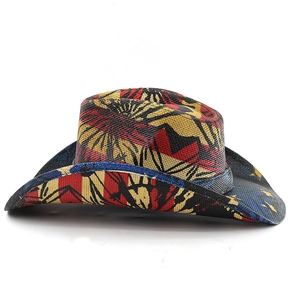 Detailed view of colorful abstract floral print on a woven western cowboy jazz hat
