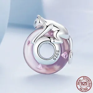 Cute S925 sterling silver pink cat charm bead with crystal details for bracelets