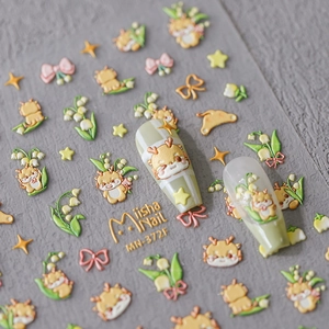 5D Embossed Nail Art Stickers Cute Cartoon Dragon Lily Of The Valley Flower Bowknot Stars Self Adhesive Manicure Decor