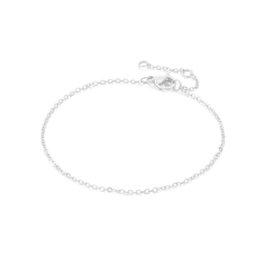 Detail of silver multi-layer chain bracelet featuring a lobster clasp and extension chain