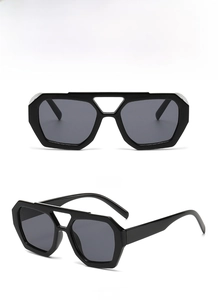 Front and side view of black geometric irregular sunglasses with thick frames