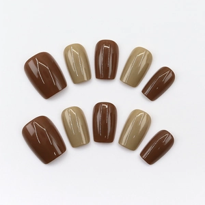 Glossy mocha brown and olive green press-on nails in short square shape on white background