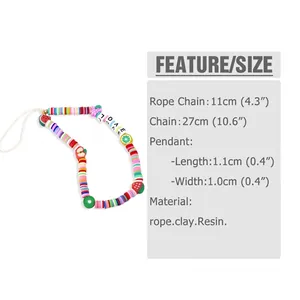 Colorful beaded phone strap with LOVE letters and fruit clay beads on white background