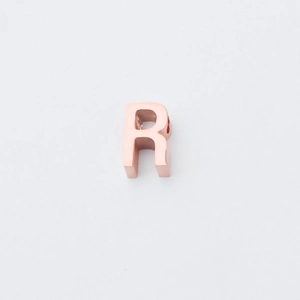 Macro-opname van de roségouden roestvrijstalen alfabetkraal R met een klein gat