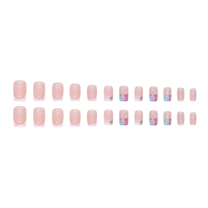 Pink and blue gradient press-on nails with white French tips and glitter stars