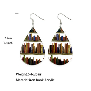 Acrylic waterdrop earrings with bookshelf print and measurement details for teachers