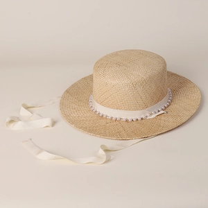 Boater Hat Natural Grass Wide Brim Flat Top With Imitation Artificial Pearl And Long Ribbon Elegant Summer Beach Sun Protection Women