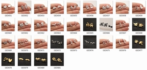 Detailed catalog of stainless steel leaf and animal studs in gold and silver finishes