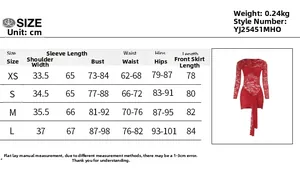 Size chart for lace long sleeve mini dress detailing measurements in centimeters and weight