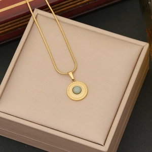 Golden stainless steel snake chain necklace with round light green natural stone pendant