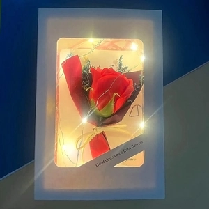Detail of red soap rose gift box with glowing LED lights and windowed white frame