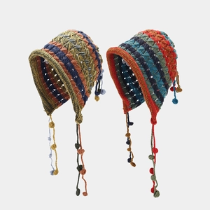 Handgefertigte Häkelmütze Ohrenschutz Acryl Bunt Gestreift Quaste Pompon Böhmisch Herbst Winter Warm Kopfbedeckung