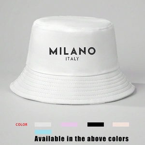 Minimalist white cotton bucket hat with MILANO print and multiple color options