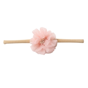 Detail of soft pink nylon flower headband for babies with seamless elastic band