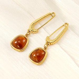 Vintage Geometric Dangle Earrings With 18K Gold Plated 304 Stainless Steel And Amber Color Natural Stone Square Safety Pin Style