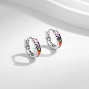 Elegant S925 sterling silver hoop earrings with rainbow square cubic zirconia stones