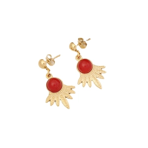 Vintage gold stud earrings with red agate pendant in sunburst fan design on white background