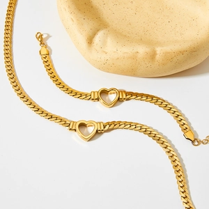 Hip hop style gold stainless steel cuban link chain set with heart charm pendants