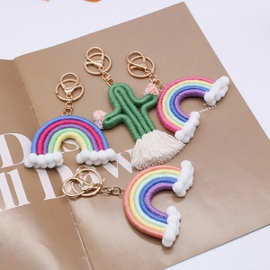 Nordic hand-woven rainbow and cactus keychain set with golden lobster clasps
