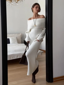 Off Shoulder Knit Maxi Dress Long Sleeve Ribbed Slim Fit Bodycon Elegant Viscose Polyester Nylon Women