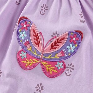 Girls' purple dress with intricate butterfly embroidery and floral cotton fabric