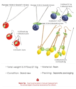 Detailed view of resin fruit jewelry set dimensions showing necklace and earrings weight