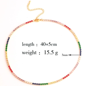 Detail shot of a long colorful zircon necklace with 40+5cm length and 15.5g weight specs