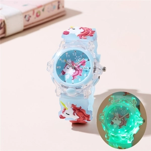 Luminous unicorn quartz watch for kids with blue silicone strap and LED glowing light effect