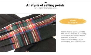 Detail view of winter wool gloves featuring classic red and green Scottish tartan pattern